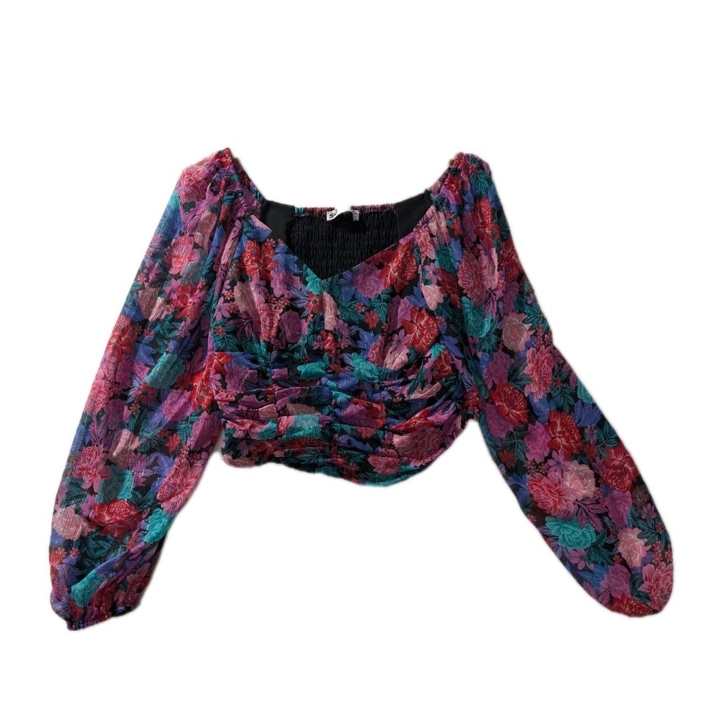 SO Floral Smocked Chiffon Crop Top Long Sleeve Boho Y2K Romantic Blouse M